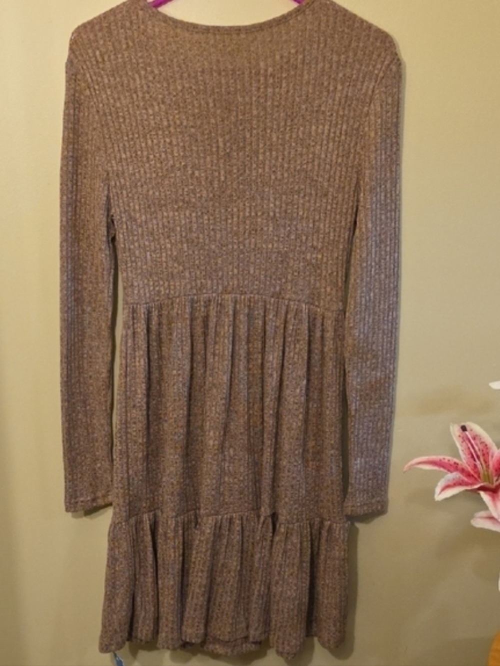 Cupshe Brown Ribbed Knit Long Sleeve Flounce Mini Dress BRAND NEW - Picture 7 of 7